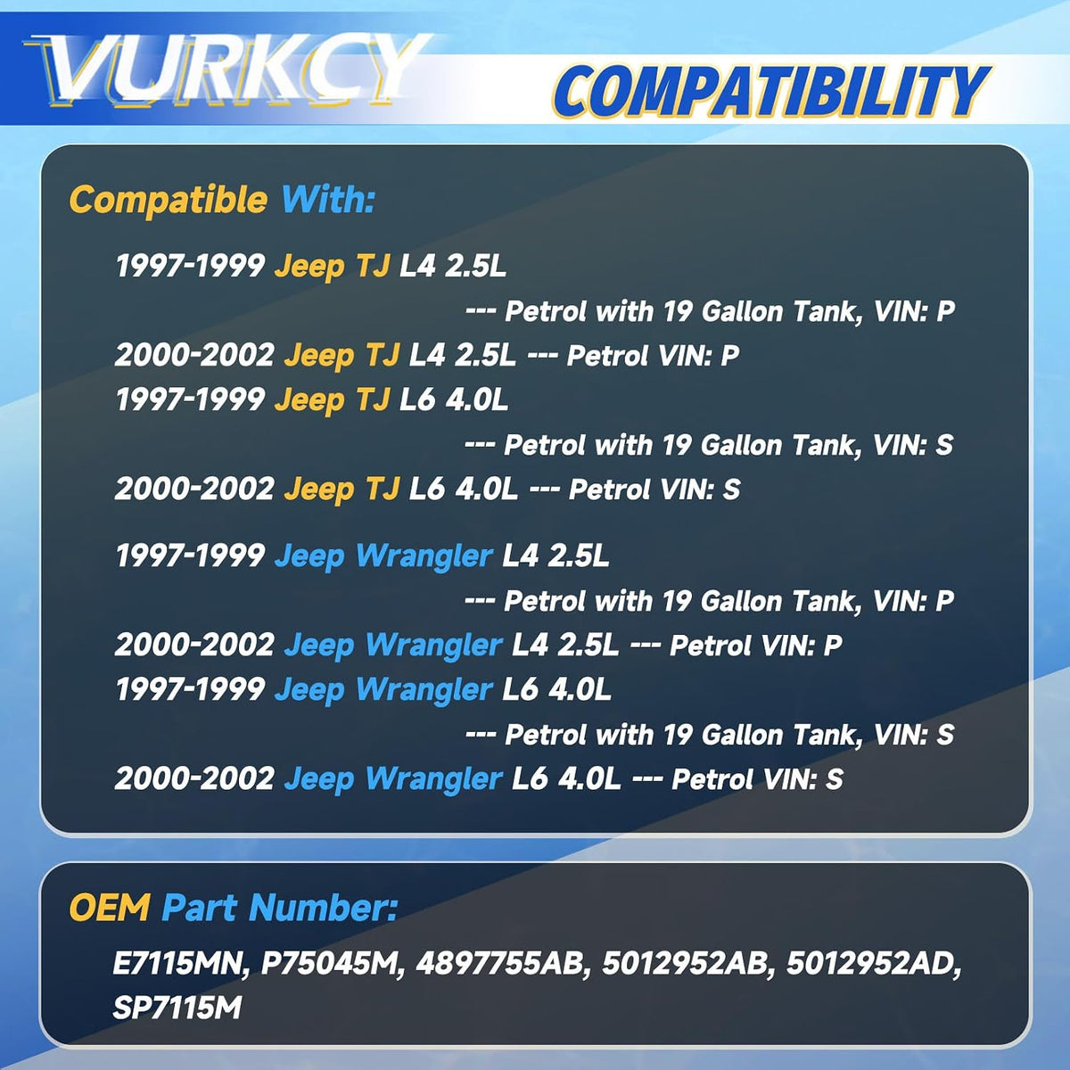 Vurkcy Electric Fuel Pump Assembly Fit for 1997-2002 Jeep TJ & Wrangler