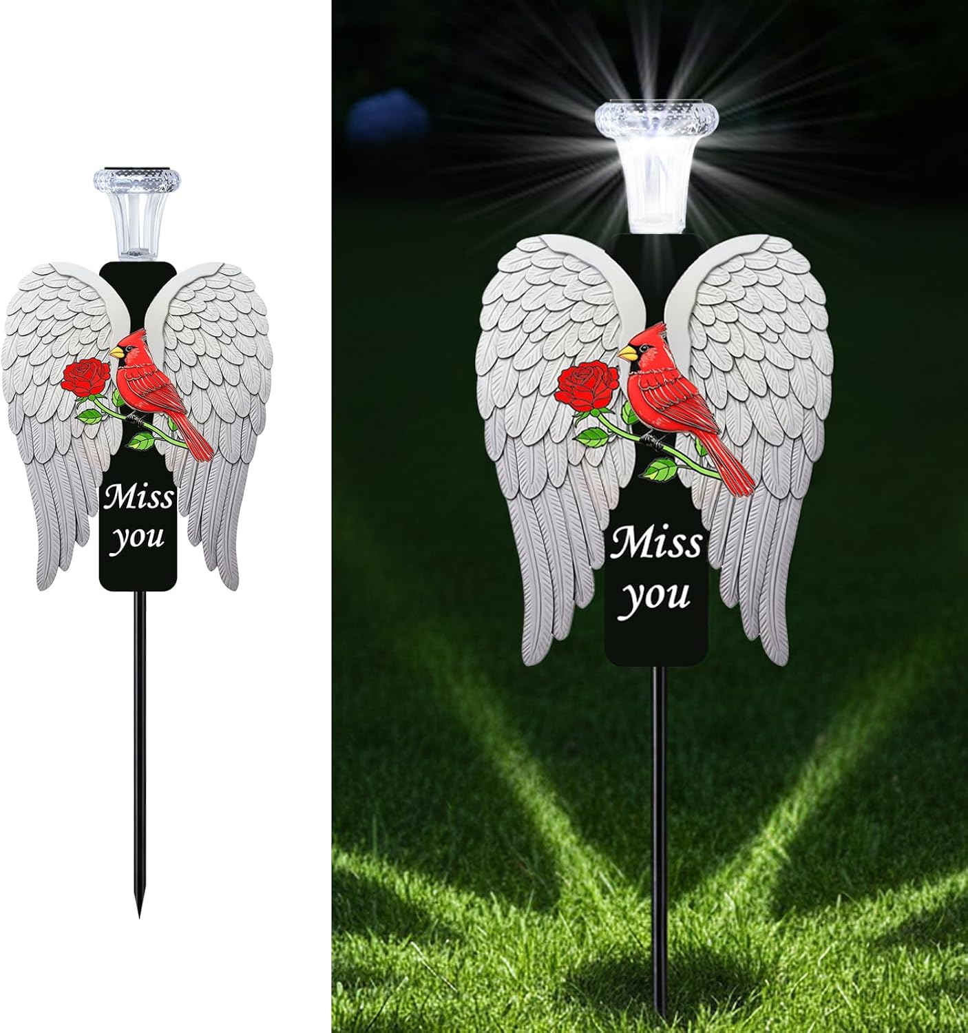 20-Inch Solar Angel Wings Memorial Stake with Red Cardinal - Metal Cemetery Decorations for Grave, Father's Day