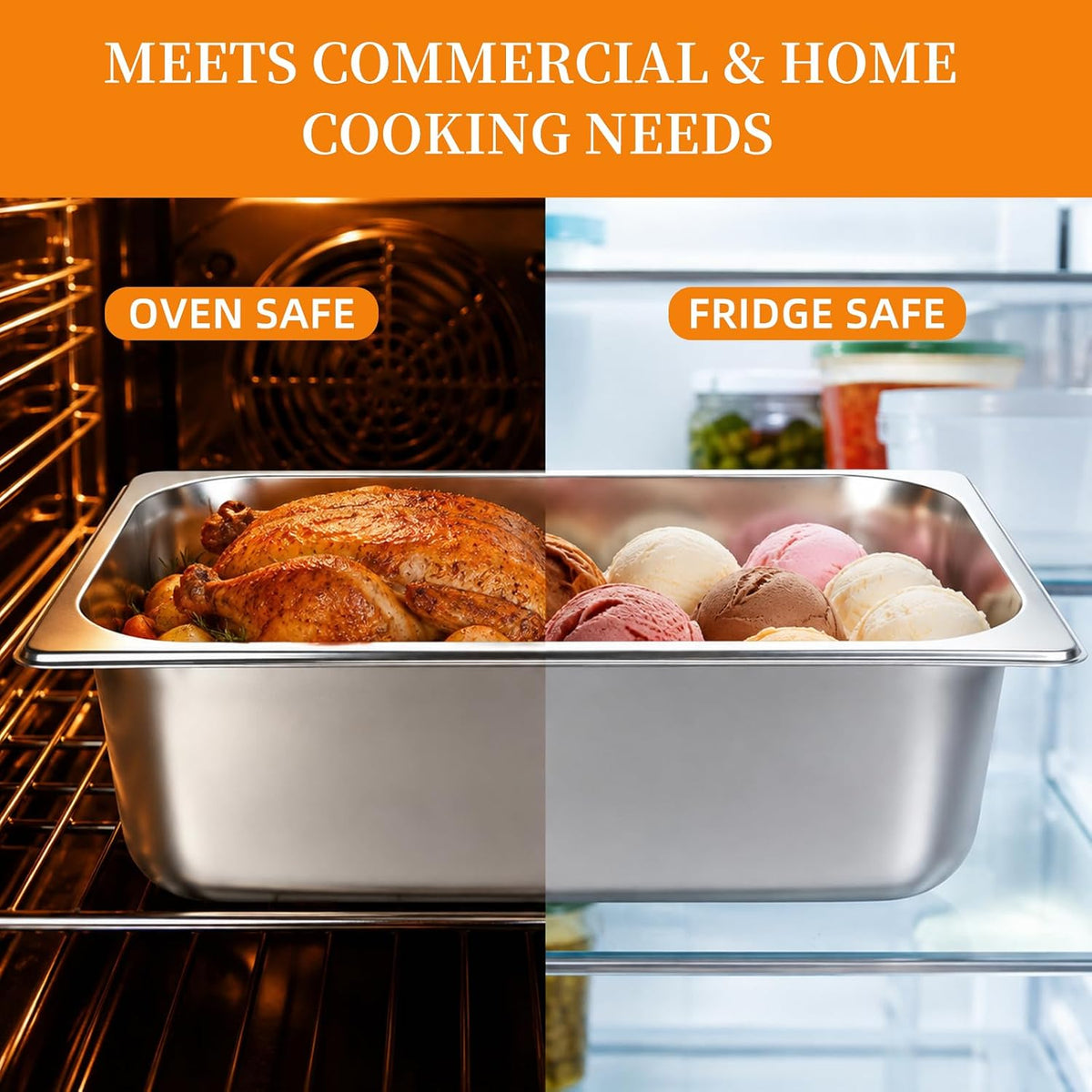1/3 Size Hotel Pans with Lids, (6 PK) Stainless Steel Food Pans