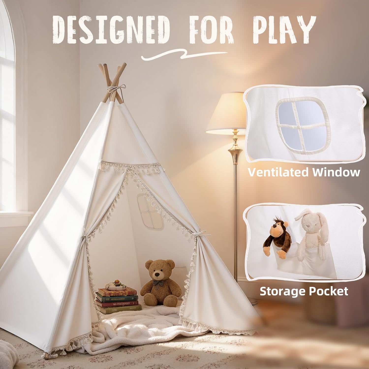 Kids Teepee Tent - Natural Canvas Playhouse with Fringe, Washable Fabric, Tipi Sleepover Tent - Perfect for Indoor &