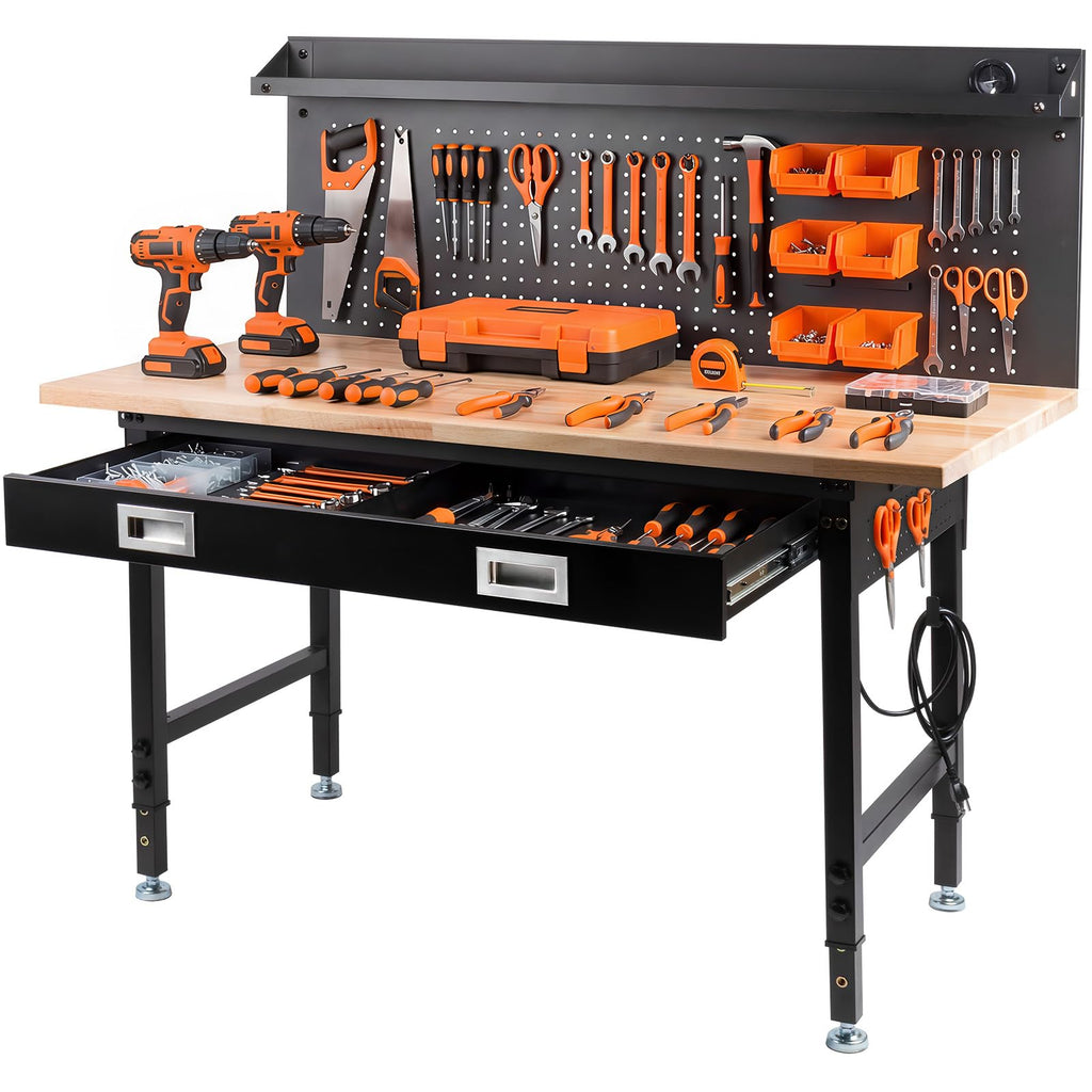 60" Adjustable Work Bench with Drawers, Workbench for Garage with Strip Light, Work Table with Large Pegboard, 2000