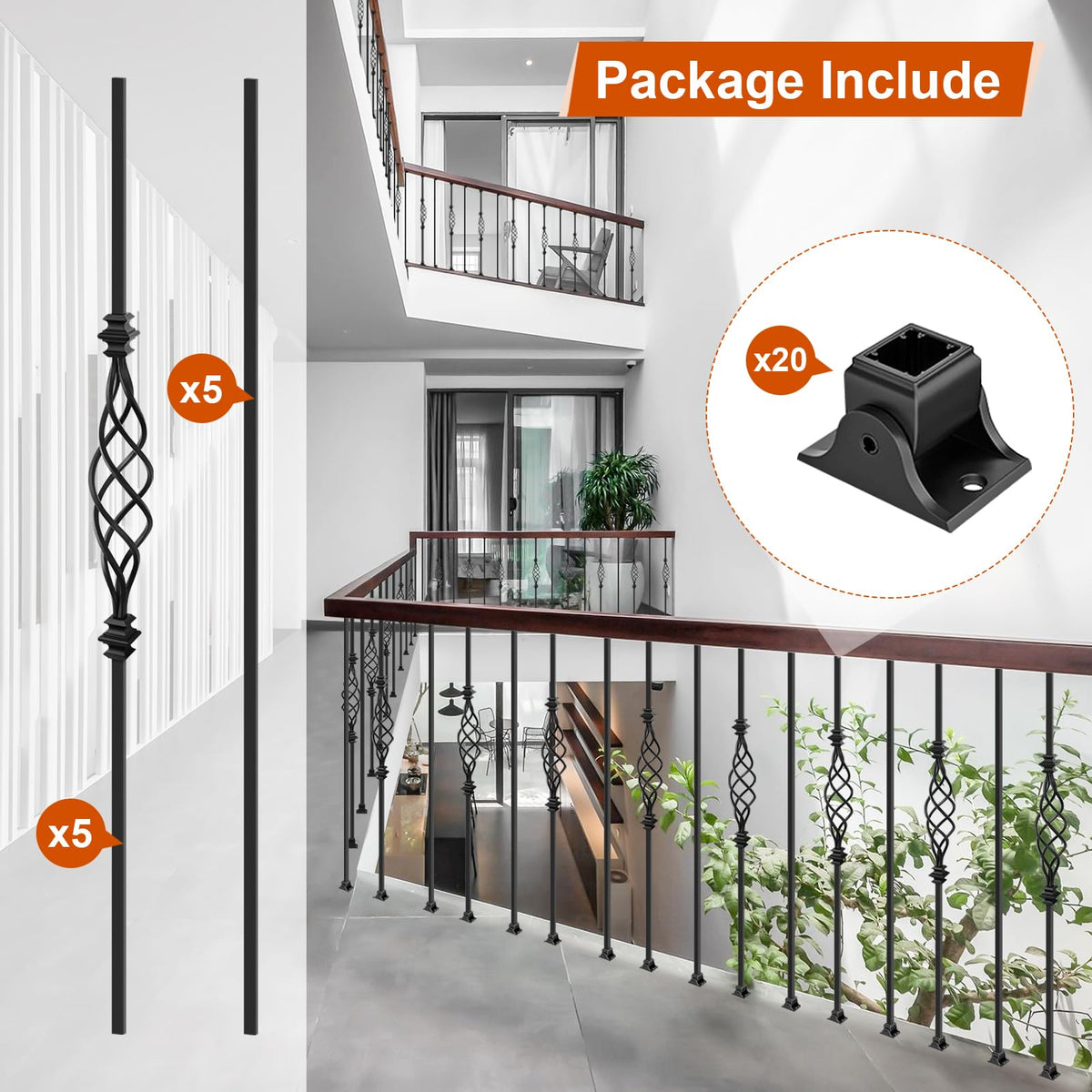 10 Pack Wrought Iron Balusters, 44" Decorative Stair Deck Railings