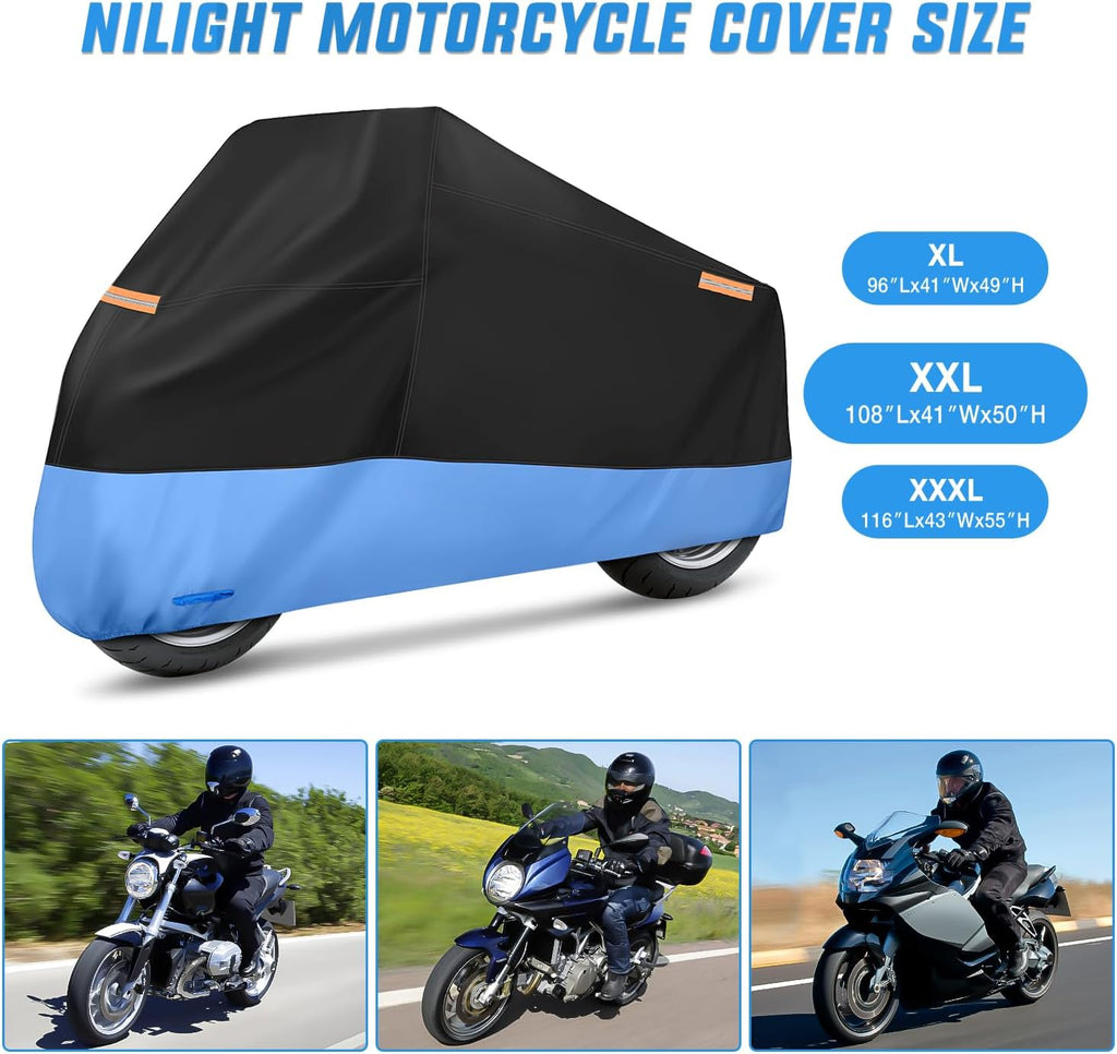 NIilight Motorcycle Cover Waterproof Outdoor All Weather, Up to 108 in | Oxford Fabric with Lock Holes, Reflective