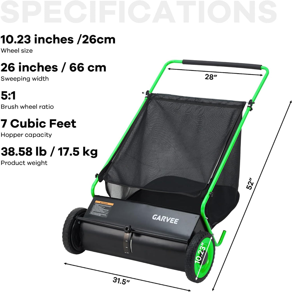 Push Lawn Sweeper, 26 in Leaf & Grass Collector with 7 cu. ft. Hopper Bag, Heavy Duty Yard Sweeper with Clear Dust