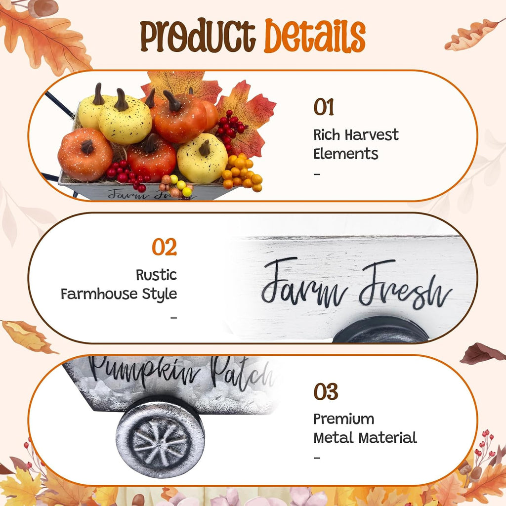 Fall Thanksgiving Centerpieces for Tables Metal Wheelbarrow White | Include Pumpkins Berries Fall Leaves