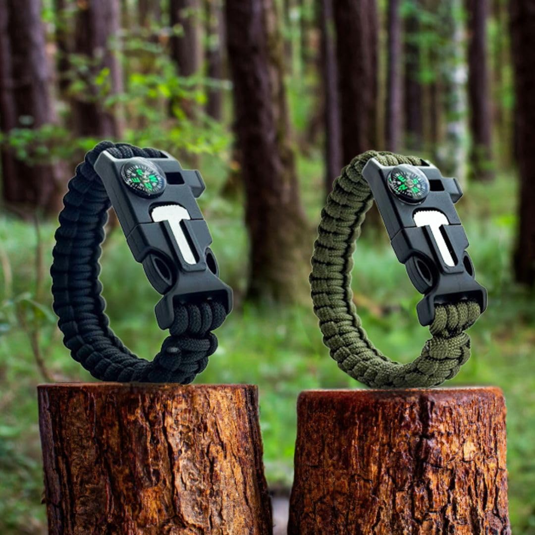 Paracord Rope Bracelet w/Fire Starter, Survival Whistle & Compass - Black & Green - Survival Gear for Camping