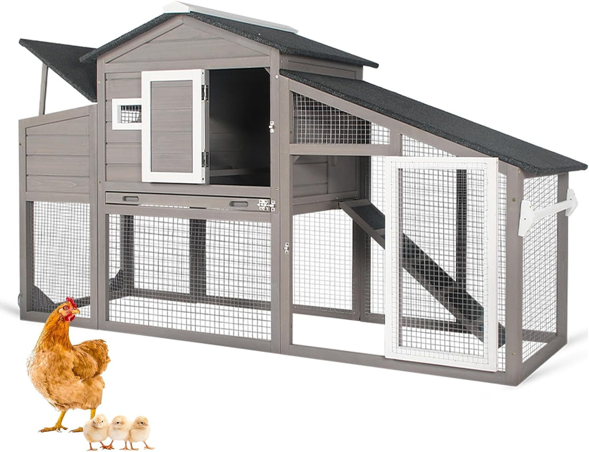 68“ Mobile Chicken Coop with Run and Wheels, Large Wooden Chicken Tractor for 2-4 Chickens, Weatherproof Outdoor Hen