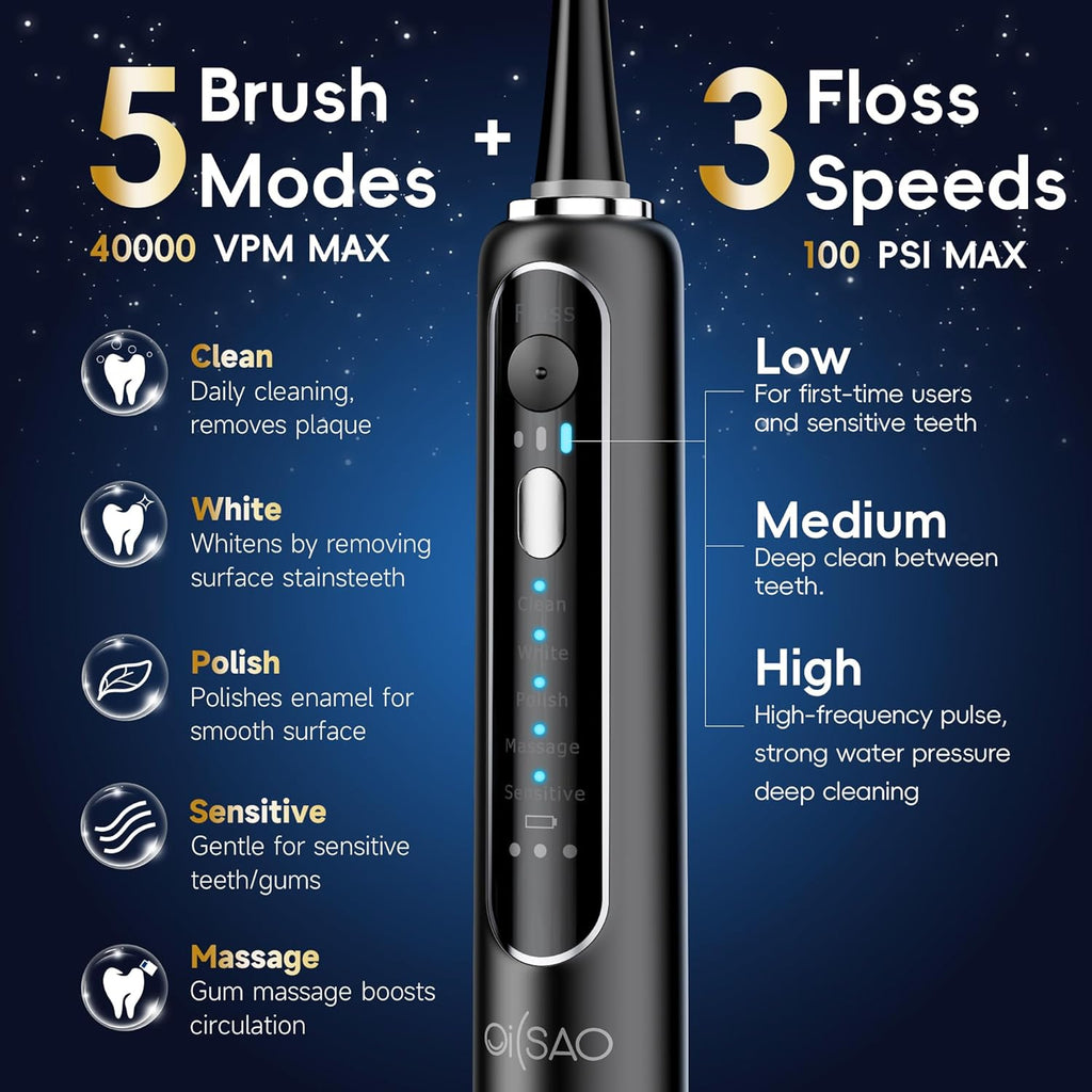 Electric Toothbrush with Water Flosser Combo, 3-in-1 Sonic Flossing Toothbrush and Dental Water Flosser for Teeth
