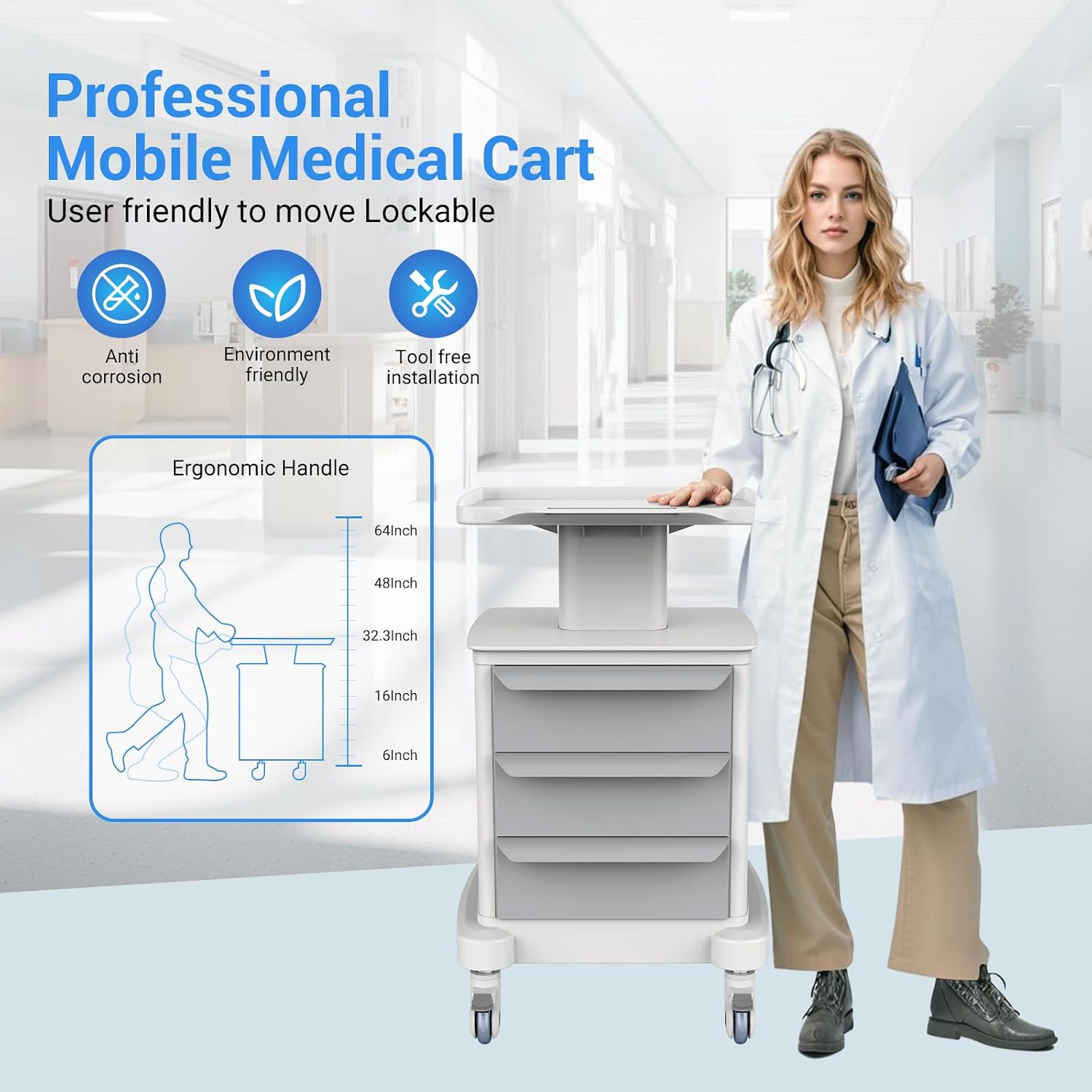 Medical Carts with Wheels and Drawers, Mobile Ultrasound Cart, Rolling Dental Implant Cart with Caster Wheels, Beauty