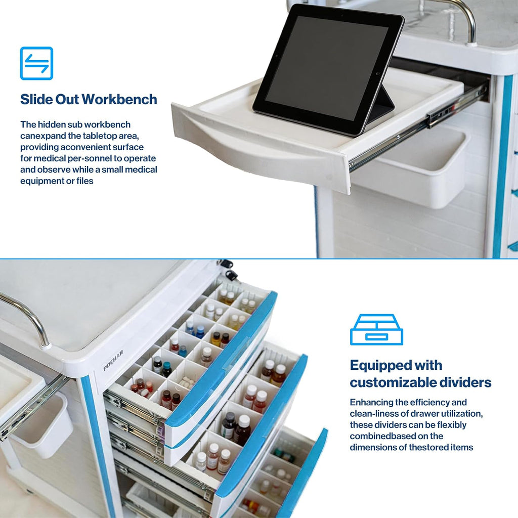 Medical Crash Cart with Emergency Accessory for Hospitals and Clinic | Rolling Emergency Cart with Cardiac Board, IV