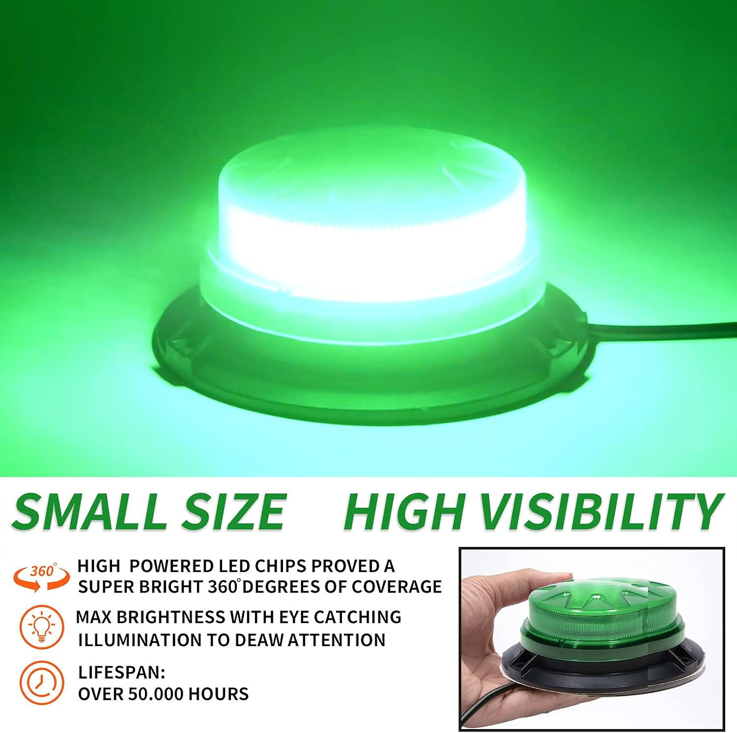 Green Led Emergency Strobe Beacon Lights for Car Vehicles 12V 24V 24-LEDs | Magnetic Mount, 8 Flash Model, Warning