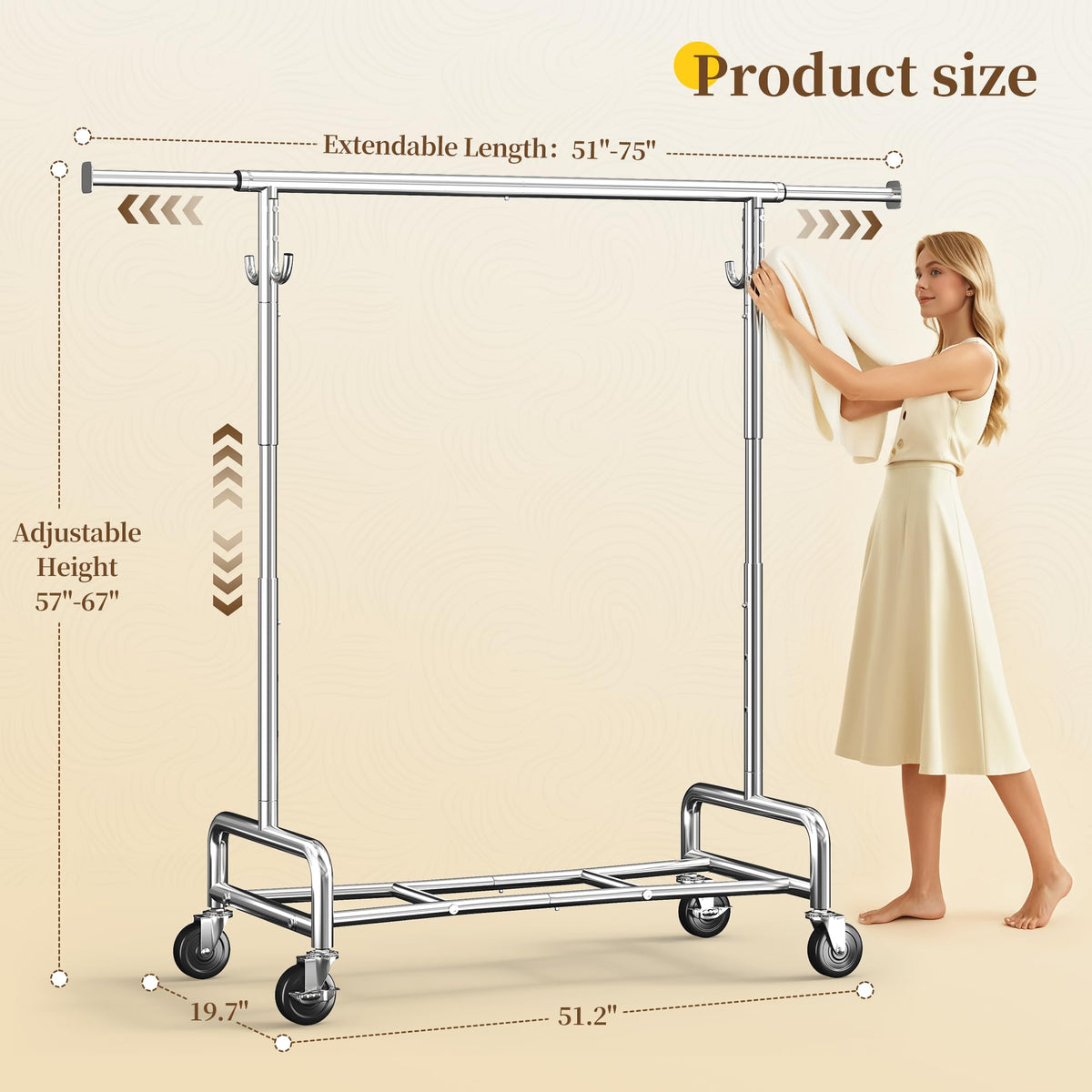 75" Wide Clothes Rack with 4 Extra Hooks Heavy Duty Clothes Rack