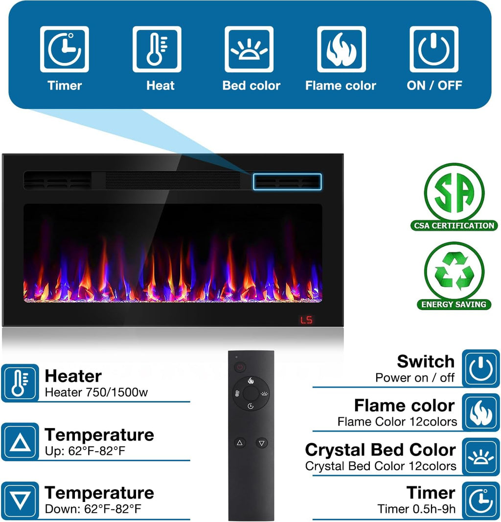 31 Inch Electric Fireplace Recessed and Wall Mounted, Fireplace Heater and Linear Fireplace, Ultra-Thin Electric