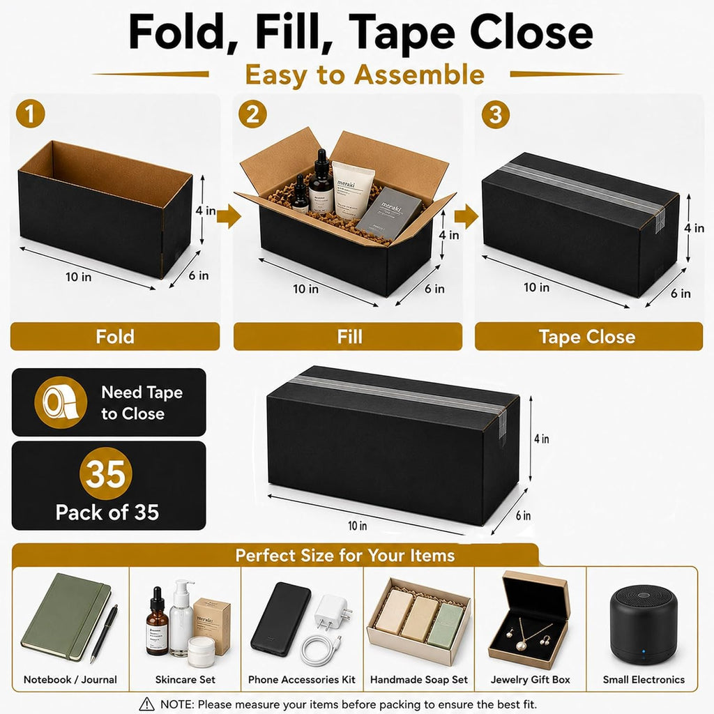 10x6x4 Black Shipping Boxes, Pack of 35