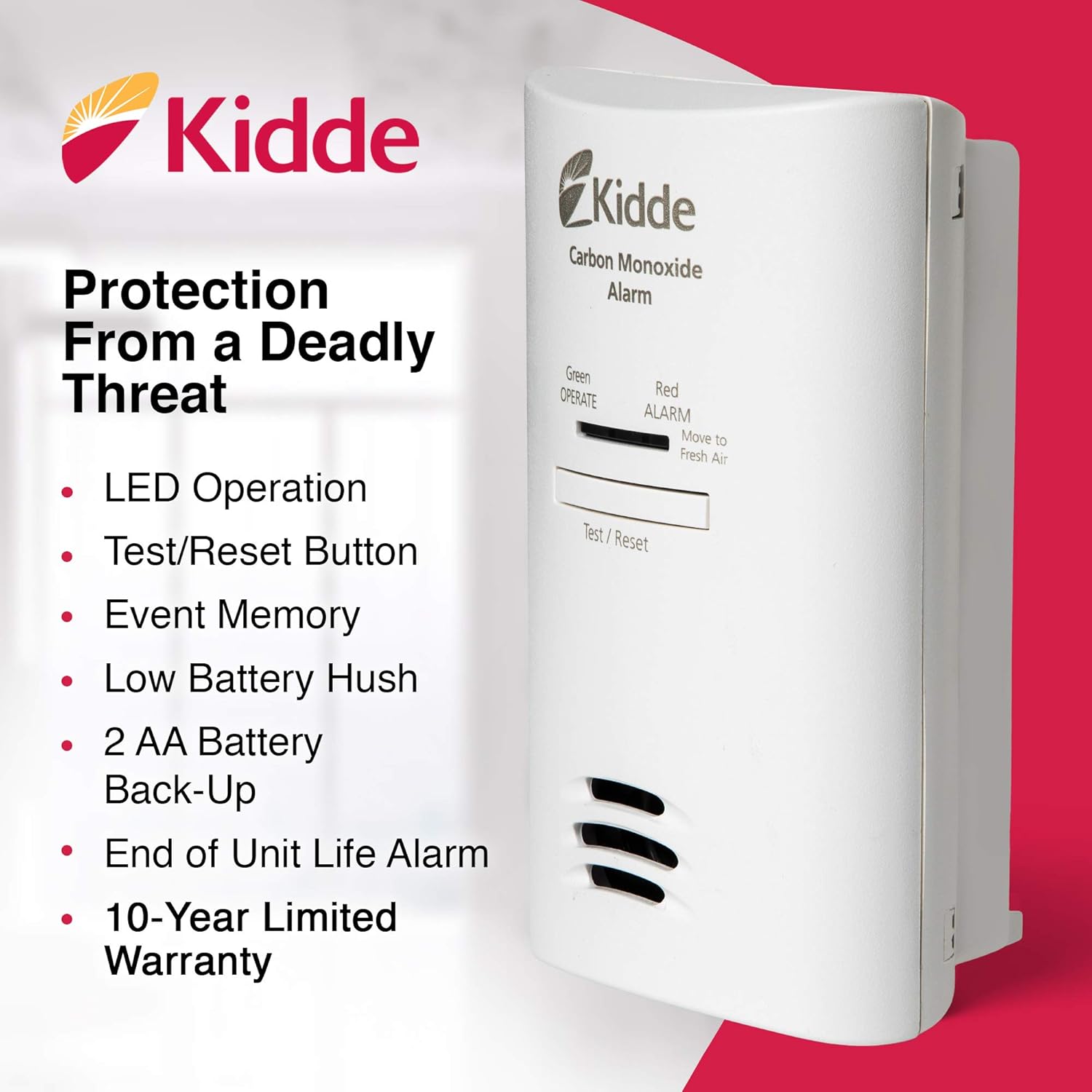 Carbon Monoxide Detector, Plug-in Carbon Monoxide Detector with AA Battery Backup, 85 dB Alarm, LED Status Light