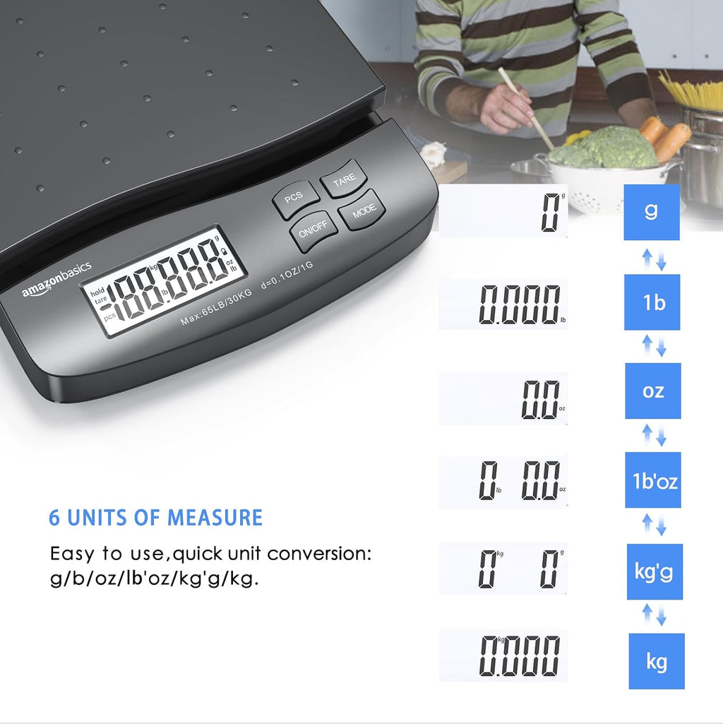 Digital Postal Shipping Scale with Tare Function, AC Adapter, 65 lb Capacity, 0.1 oz Readability, LCD Display, Black