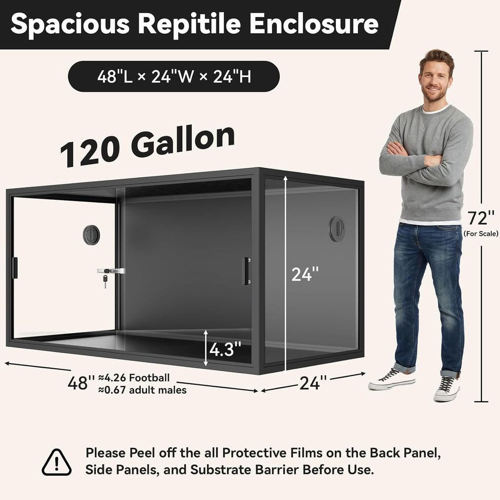 120 Gallon Reptile Enclosure 48" x 24" x 24", Front Opening Reptile Enclosure with Tempered Glass Doors, Safety Lock