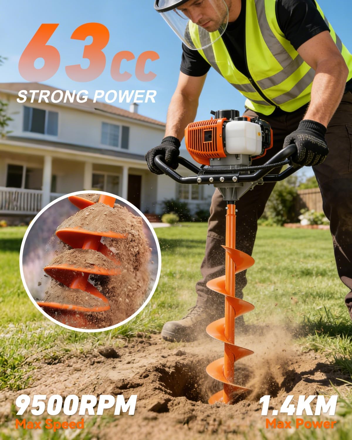 63CC Post Hole Digger Gas Powered, 2-Stroke Earth Auger with 8" Auger Bit & 8" Extension Bar, Heavy Duty Ice Auger &
