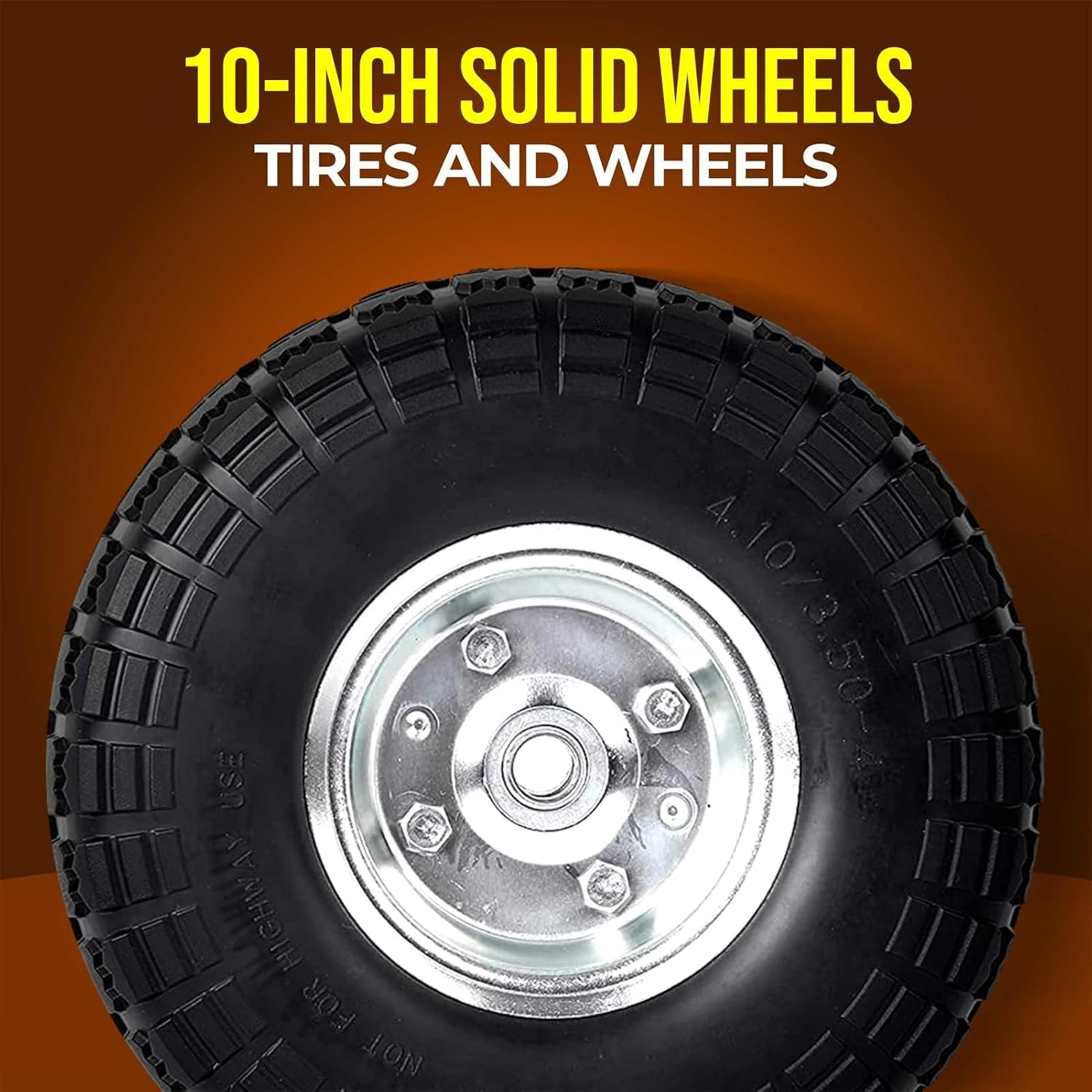 (2-Pack) 10-Inch Solid Rubber Tire Wheels - Replacement 4.10/3.50-4" Flat Free Tire with 5/8" Bearings, 2.2" Offset