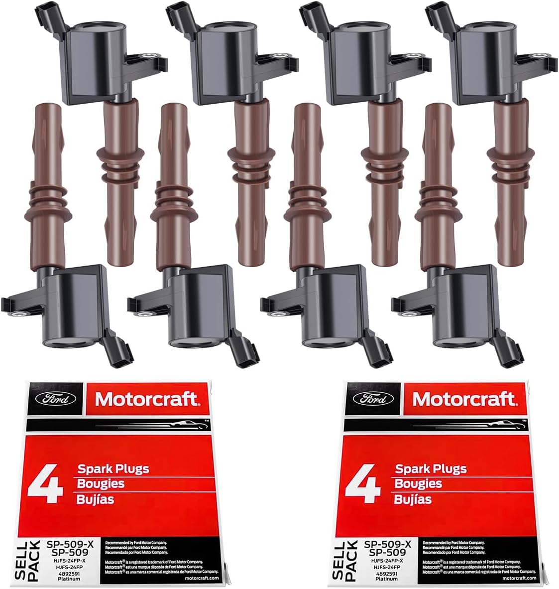 MAS Set of 8 Ignition Coils Brown Boots DG521 and Motorcraft SP-509 Spark Plugs Compatible with Ford Expedition F-150 F-250 F-350 F-450 F-550 F53 4.6L 5.4L C1659