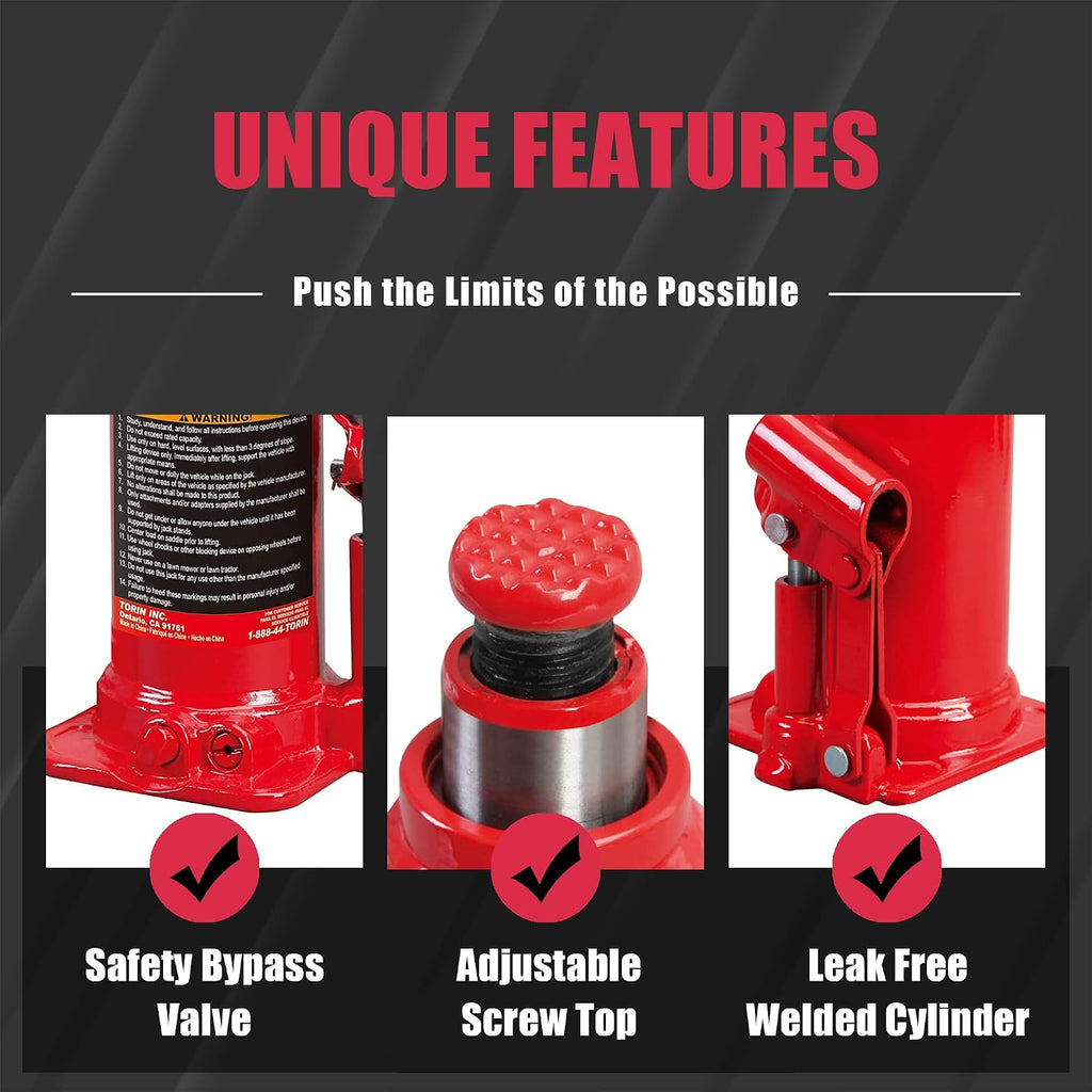 T92003B Torin Hydraulic Welded Bottle Jack, 20 Ton (40,000 lb) Capacity, Red