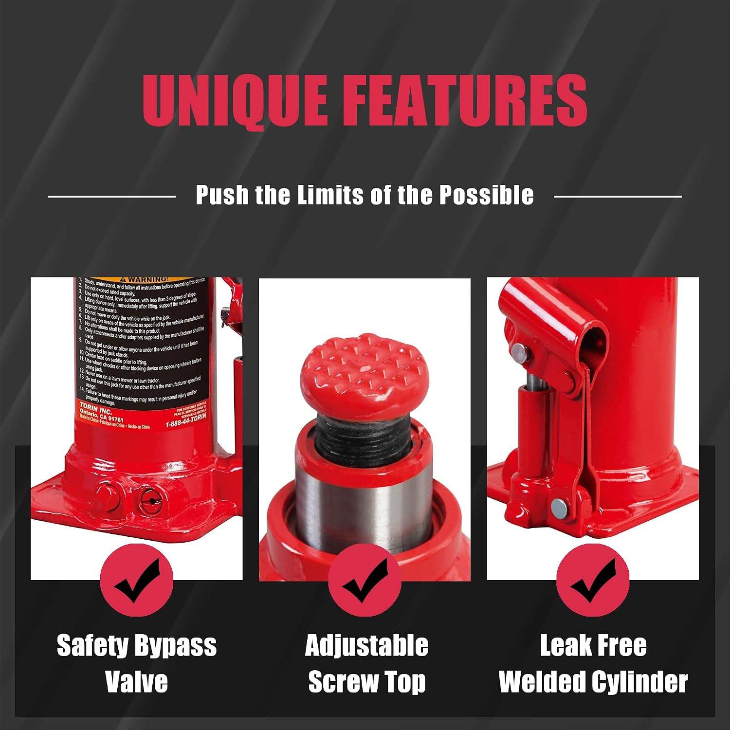T92003B Torin Hydraulic Welded Bottle Jack, 20 Ton (40,000 lb) Capacity, Red