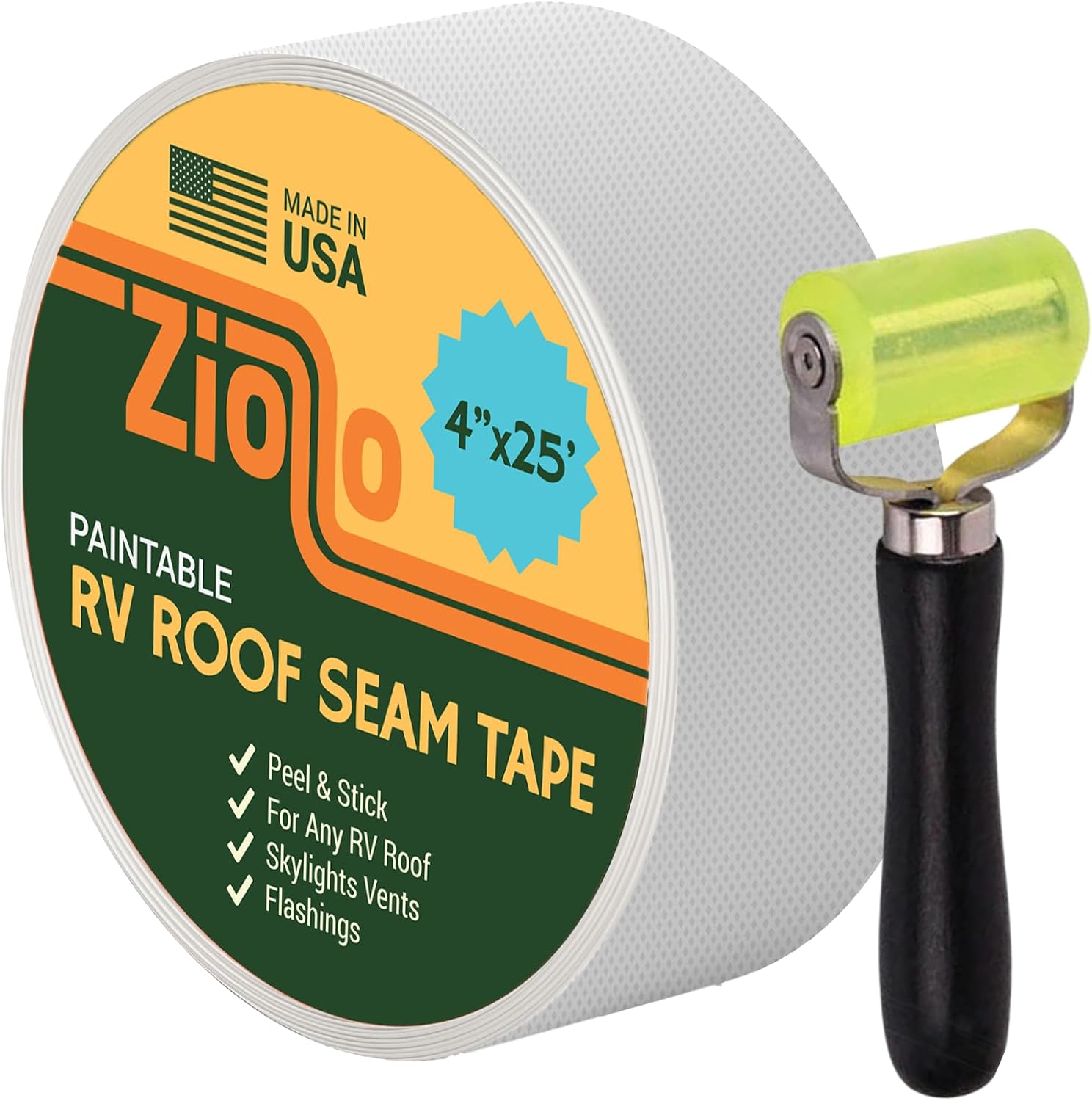 Paintable RV Roof Seam Tape with Roller - 4" x25' Leak Repair Tape for EPDM, TPO & Fiberglass - Compatible with All