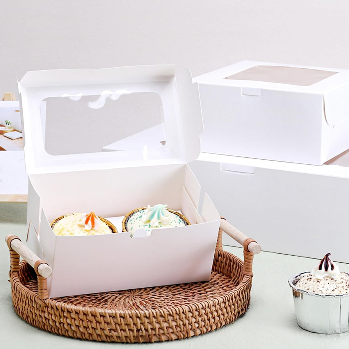 20 PCS White Paper Cupcake Boxes with 2 Cavity Cookie Gift Boxes with Clear Window 2 Treat Holder Cupcake Containers