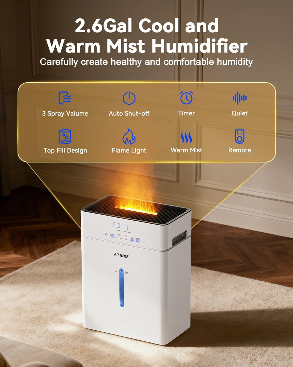 Humidifiers for Bedroom Large Room 10L/2.64Gal, Warm and Cool Mist Humidifier Large Room, Simulated Flame Humidifier