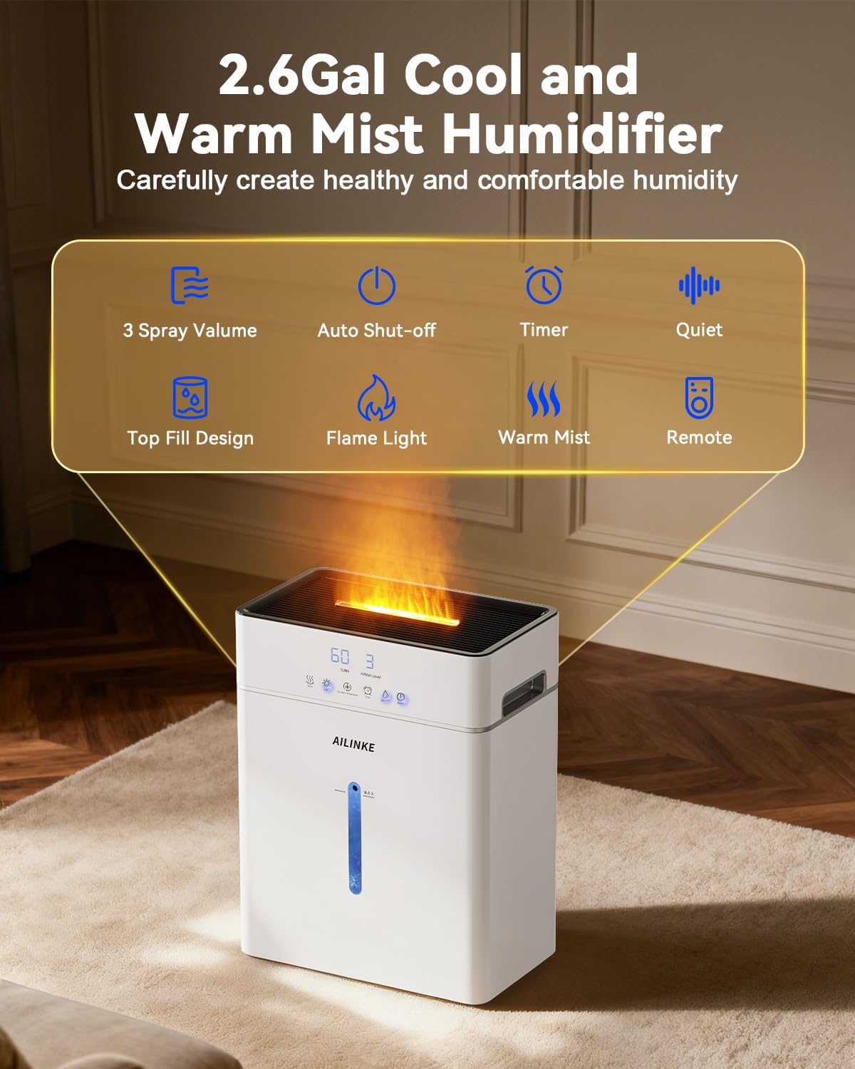Humidifiers for Bedroom Large Room 10L/2.64Gal, Warm and Cool Mist Humidifier Large Room, Simulated Flame Humidifier