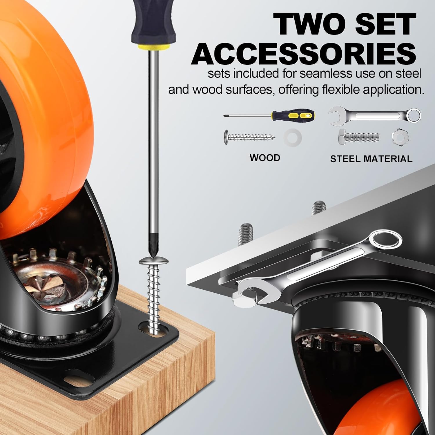5 Inch Heavy Duty Orange Caster Wheel Set of 4,Dual Brake, Silence | Floor Protection, Stable Braking, Easy