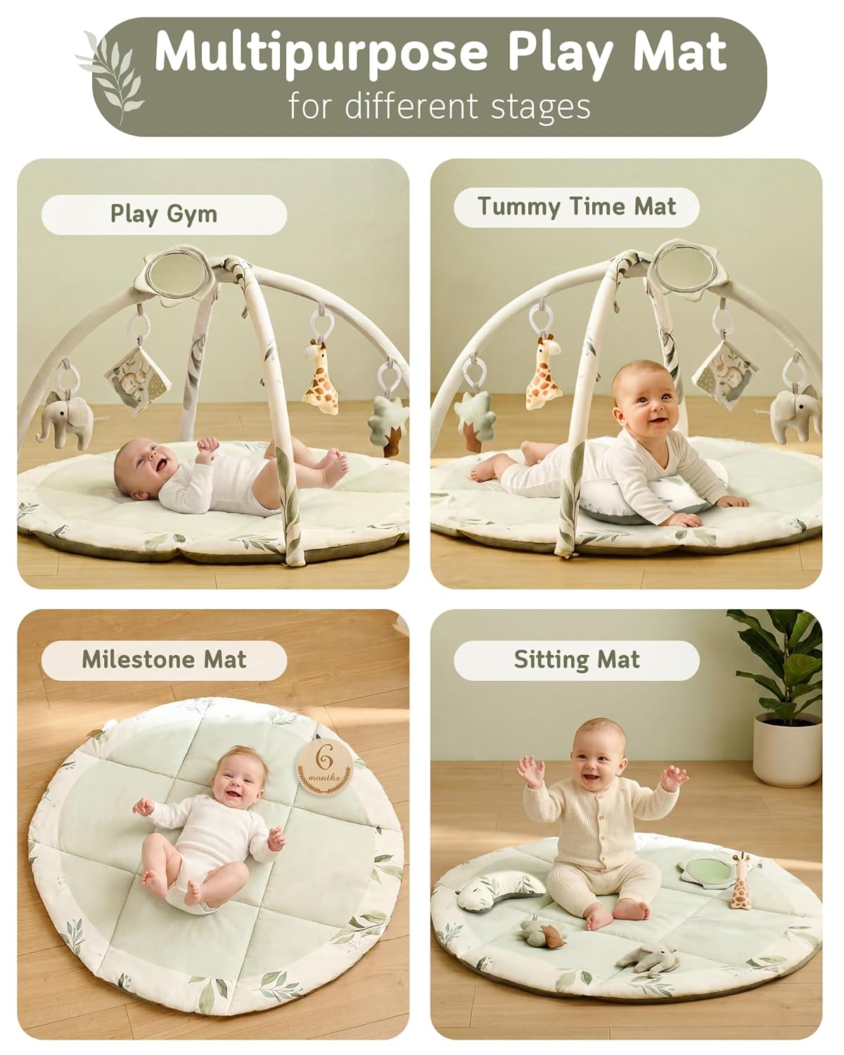 Baby Play Gym & Activity Mat, Machine Washable & Foldable Tummy Time Mat with 5 Detachable Toys, Certified Safe
