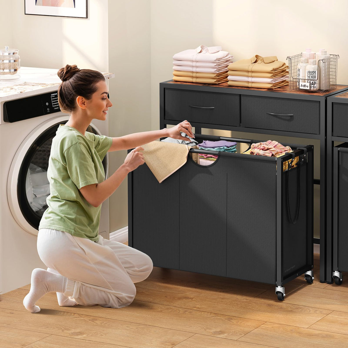 Laundry Sorter 3 Section with Tabletop & 2 Drawers, Rolling Laundry Hamper with Pull-Out and Removable Bags, Laundry