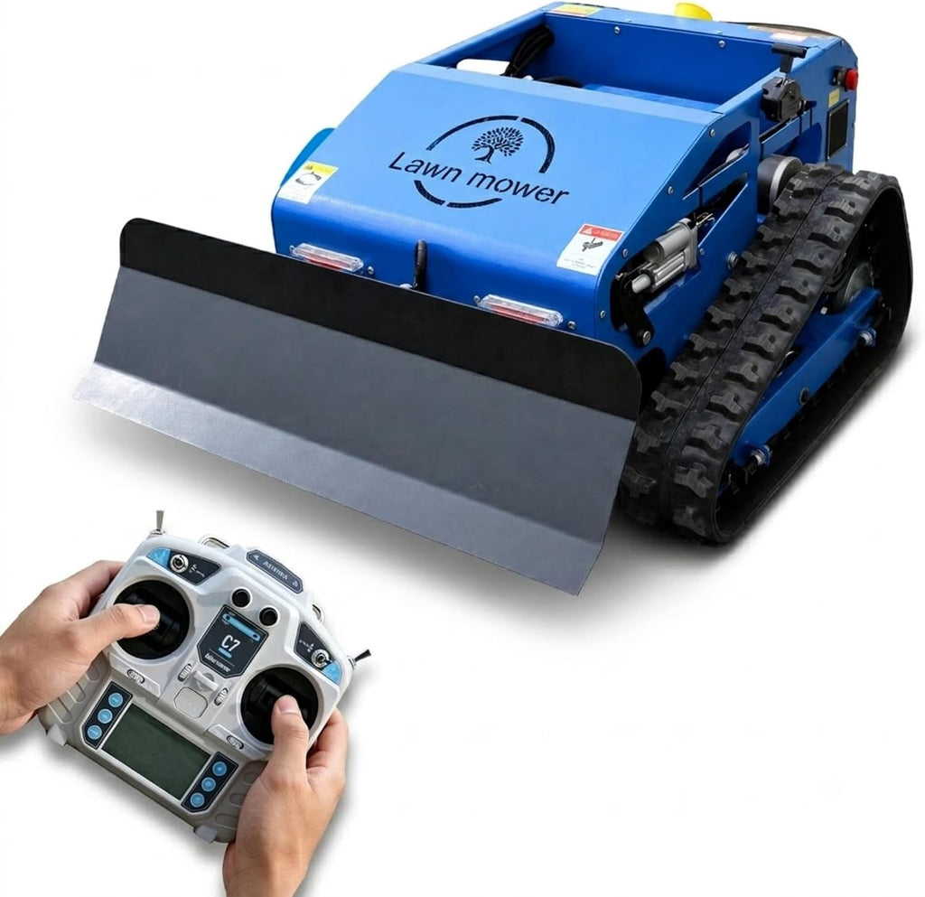 Remote Control Lawn Mower Robot Crawler with Snow Plow Attachment-Range 600m, Hybrid Gas-Electric Power, 9HP Gasoline