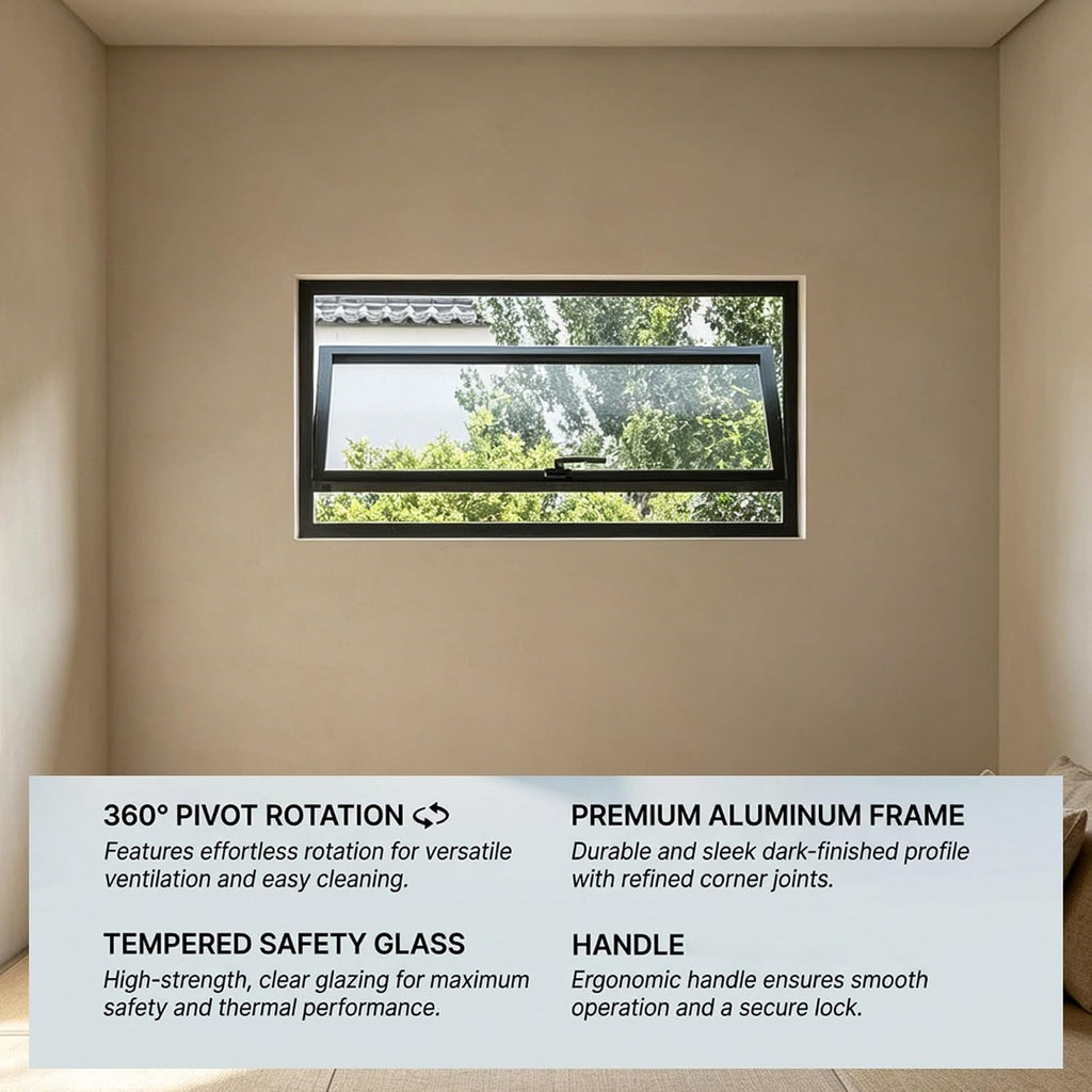 Custom Size Rectangular Basement Window with Tempered Glass, 360° Rotating Aluminum Hopper Window with Handle,Flush