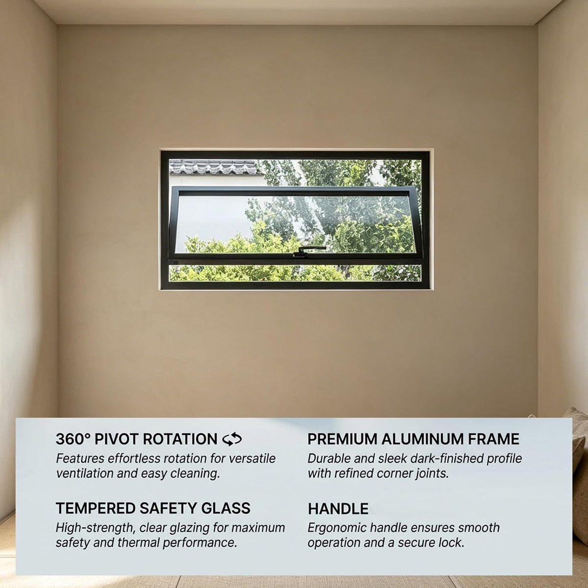 Custom Size Rectangular Basement Window with Tempered Glass, 360° Rotating Aluminum Hopper Window with Handle,Flush