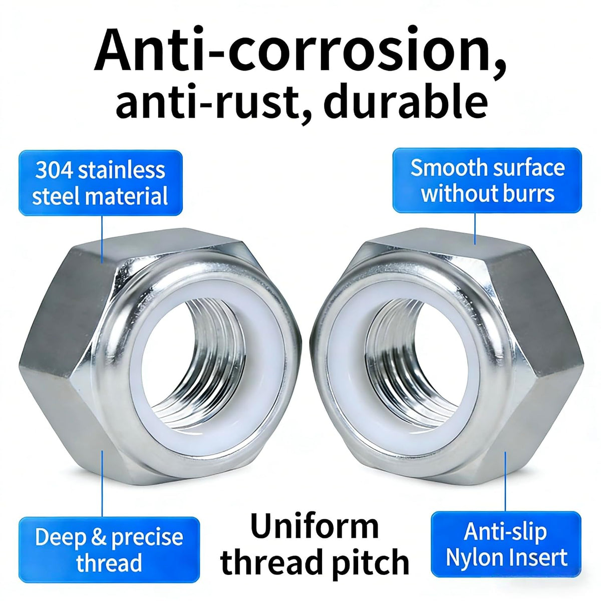 3/8"-16 Inch Lock Nuts,20PCS 304 (18-8) Stainless Steel Nylon Insert Lock Nuts,Standard Inch Thread Nylock Nuts