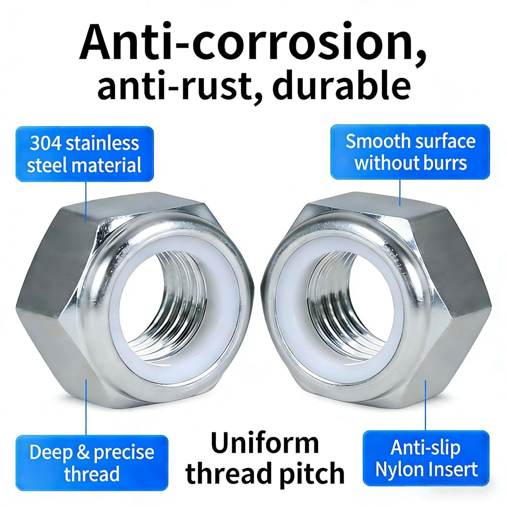 #10-32 Locknuts,60PCS 304 (18-8) Stainless Steel Nylon Insert Lock Nuts,Standard Inch Thread Nylock Nuts