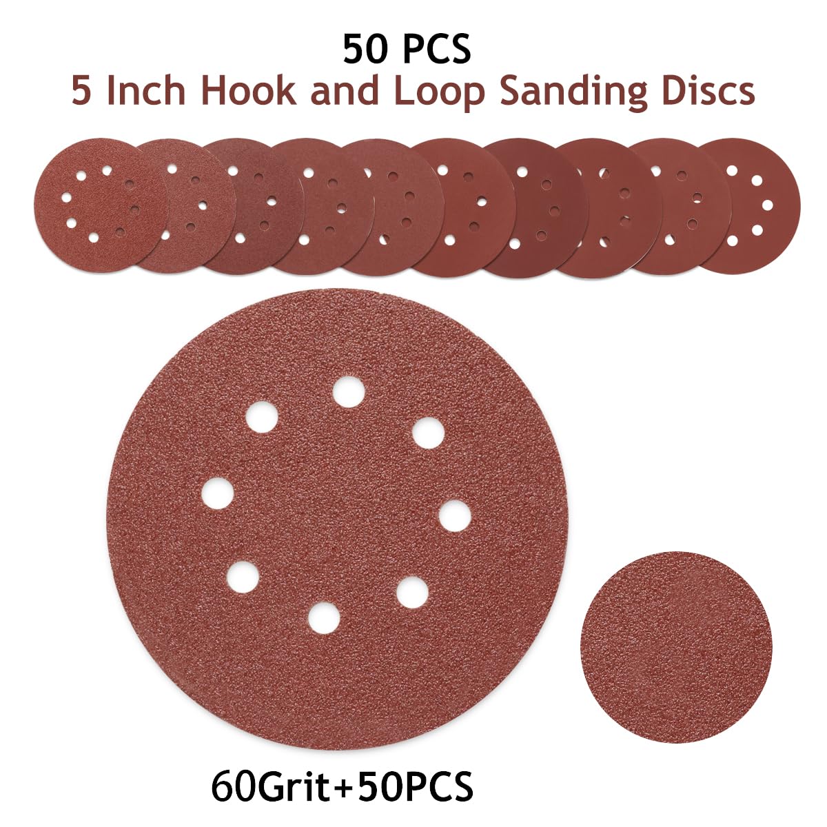50 PCS 5 Inch 8 Hole Hook and Loop Sanding Discs 60 Grit