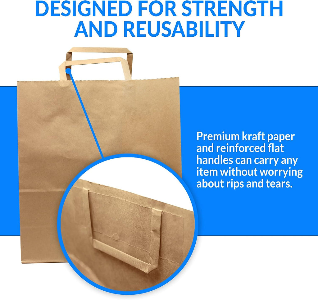 Kraft Paper Bags w/Handles (100 Pcs, Bulk) (Large 10"x6.75"x12")