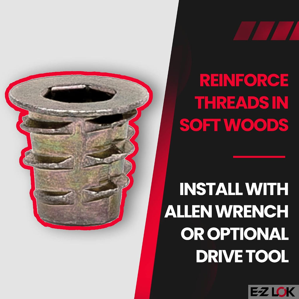 E-Z LOK Threaded Insert for Soft Wood, Zinc Hex-Flanged Thread Inserts 10-24 Internal Threads, 0.394" Length Pack of 10