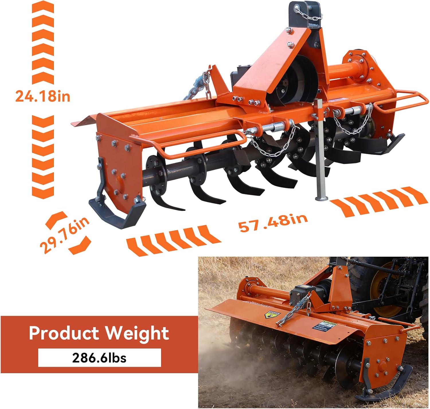 49" 3-Point Rotary Tiller Attachment for Category 1 Tractors | Compatible with 20-30HP tractors, 28 L-Shaped