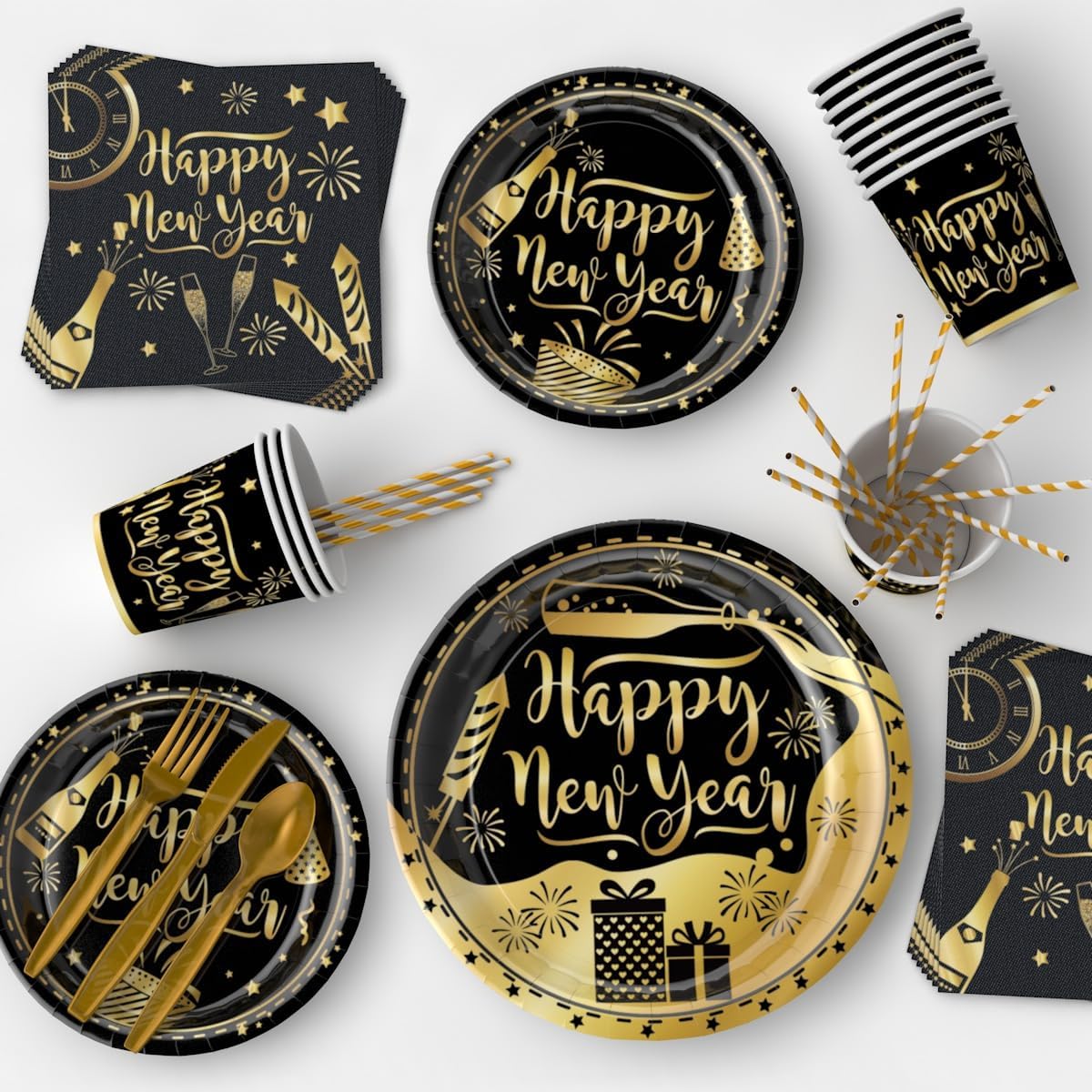 Happy New Years Eve Party Supplies Kit – New Year Eve Decorations Banner Plates and Napkins Cups Forks Tablecloth