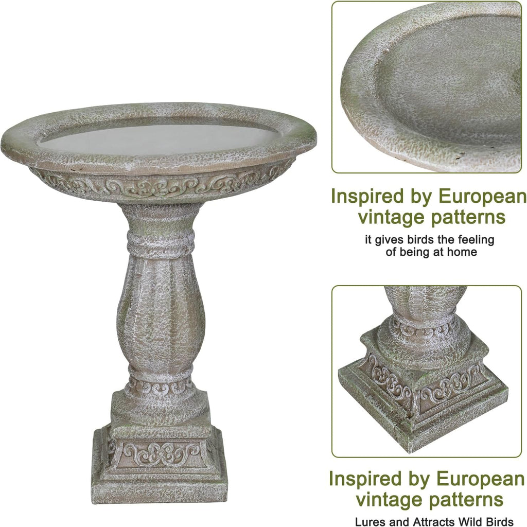 23.8" Tall Pedestal Bird Bath for Outdoor, Antique Weathered Concrete Birdbath with Decorative Carving, Durable