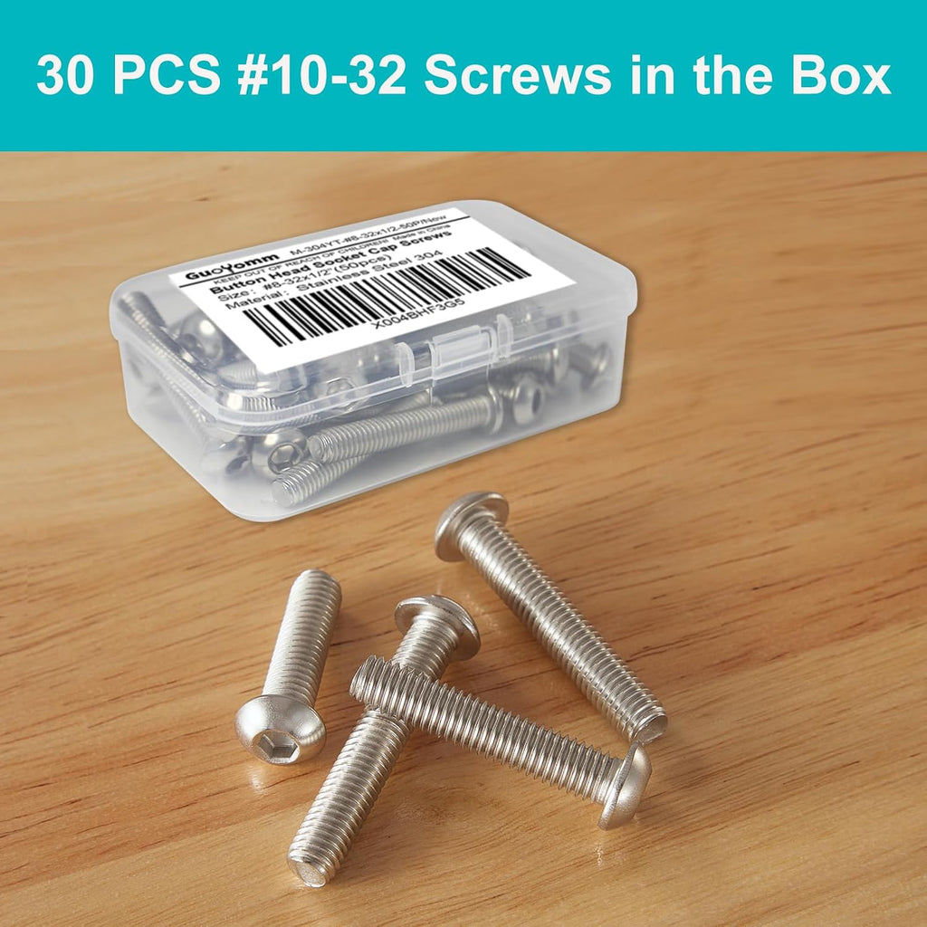 #10-32 x 1-1/4" Button Head Socket Cap Screws Bolts, Stainless Steel 18-8 (304), Metric Allen Hex Drive, Fully Threaded, Bright Finish, 30 PCS