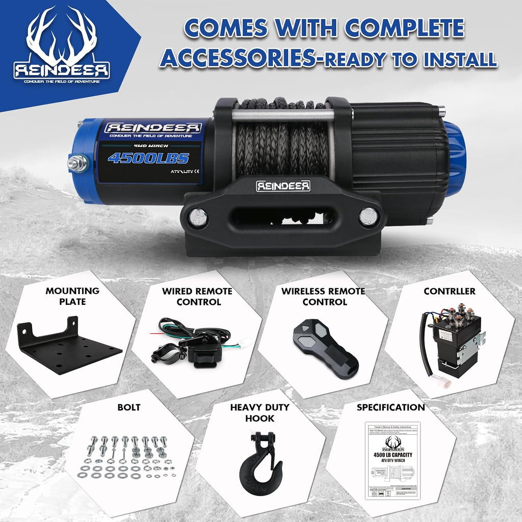 Electric Winch Kit 4500lbs with Synthetic Rope, IP67 Waterproof 12V with Wireless Remote & Wired Remote Control