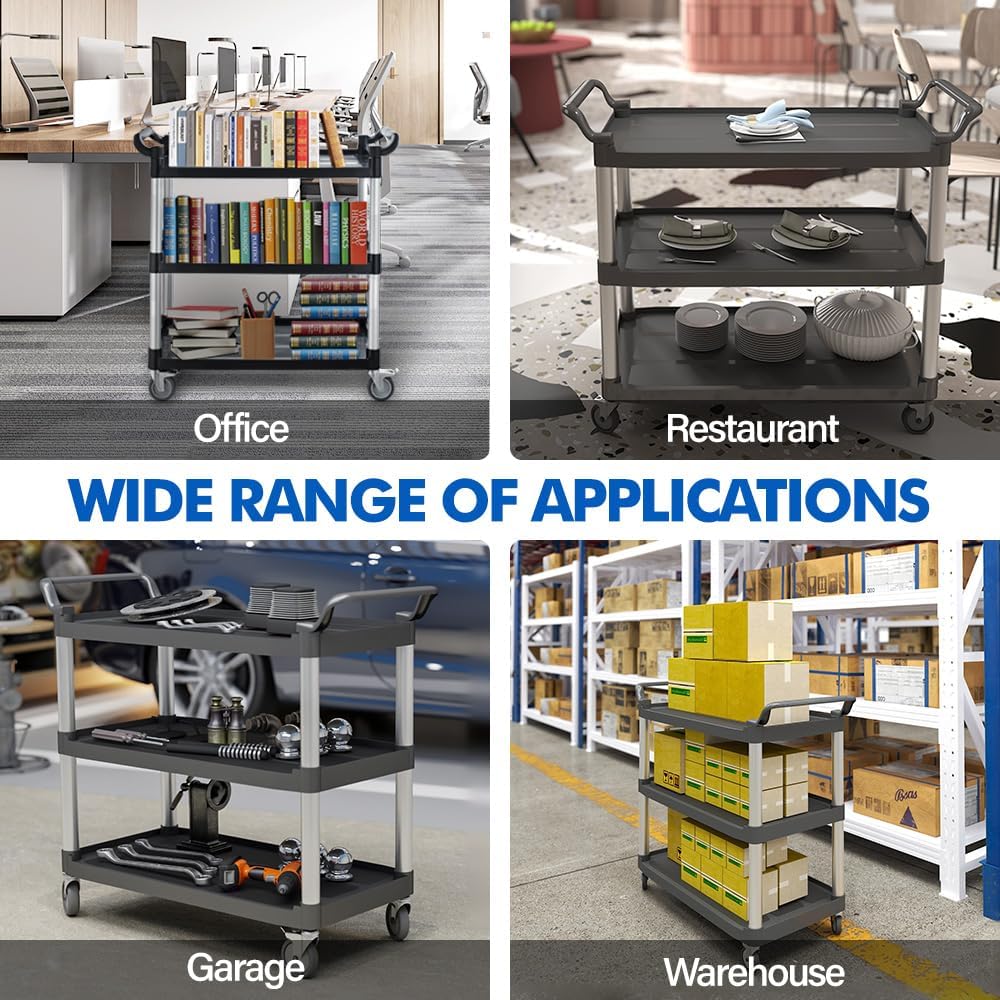 Utility Rolling Carts with Wheels, Large Plastic Service Carts, Heavy Duty Restaurant Cart with 4 Brake Lockable