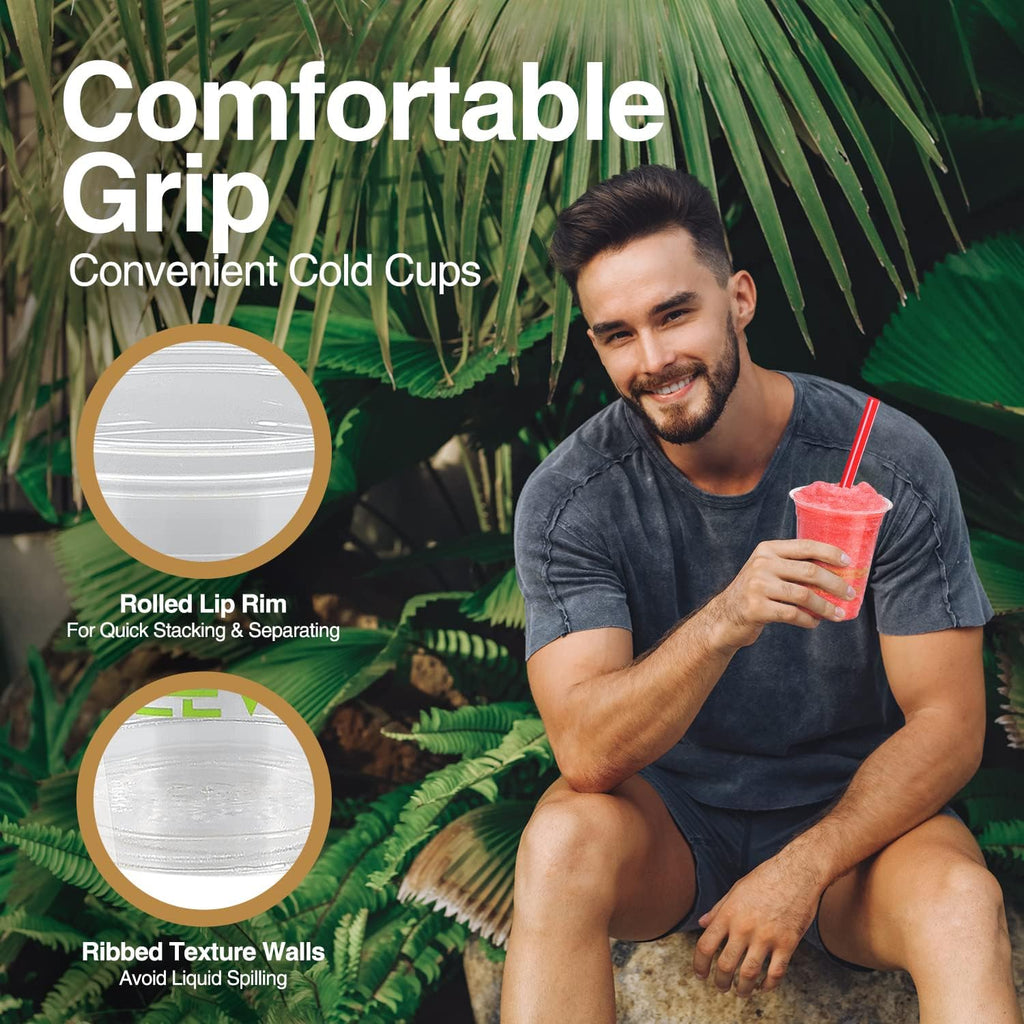 Eco Compostable Plant-Based Clear Plastic Cups 12oz Thick, Reusable, Disposable Iced Coffee Cups for Smoothies, Beer