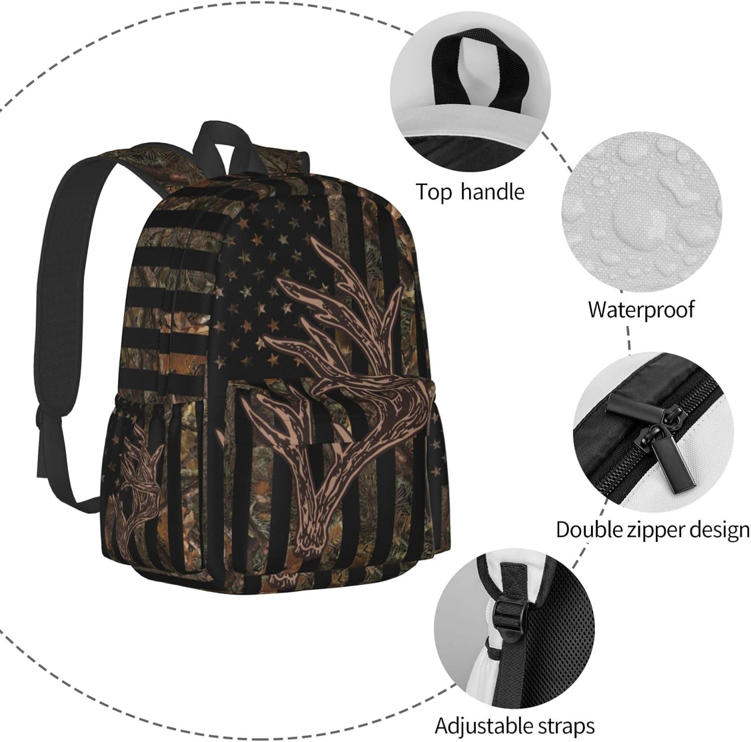 Camo Hunting Backpack USA Flag Deer School Bag Lightweight Bookbag Casual Daypack for Girls Boys Kids Women Men