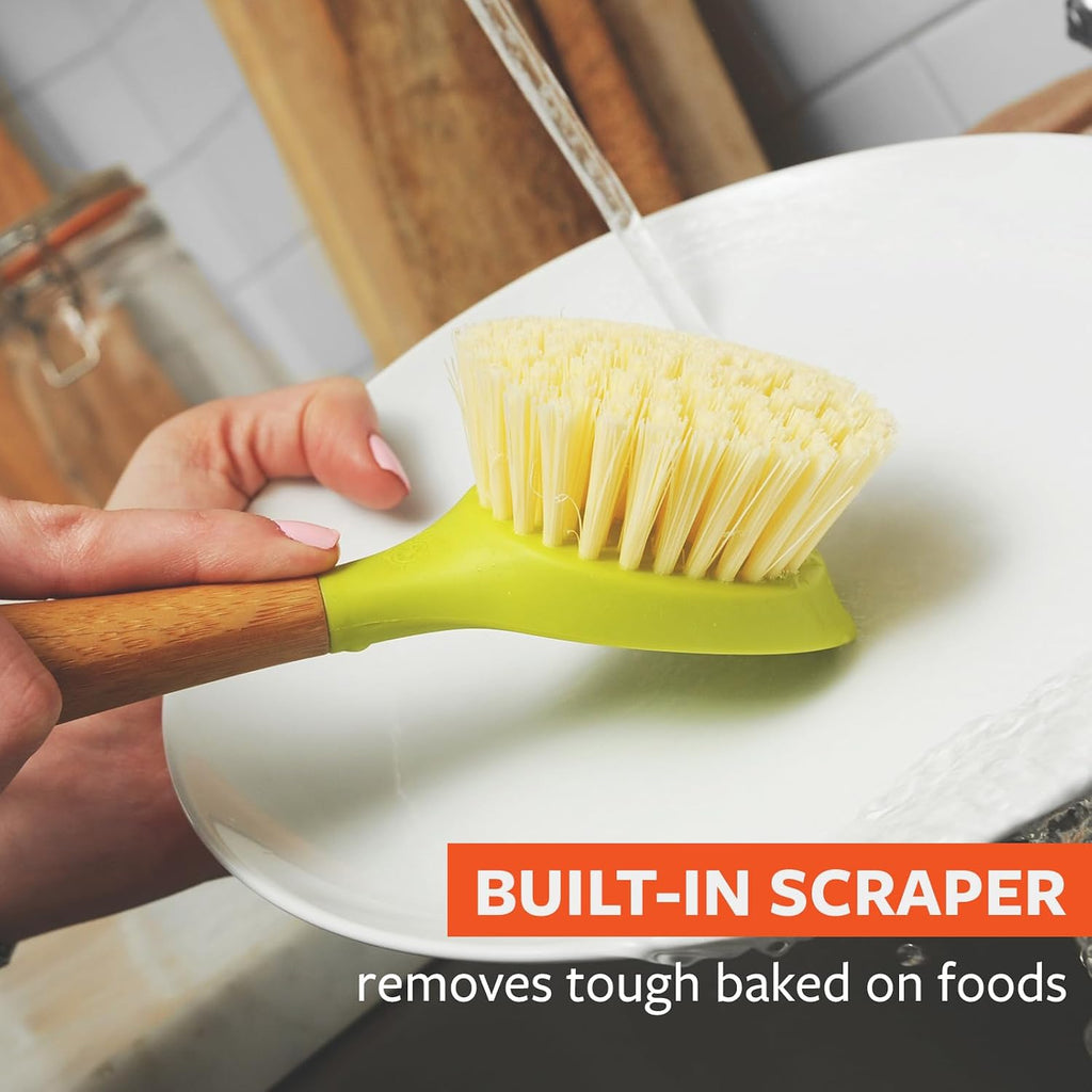Kitchen Dish Brush, Bamboo Handle & Strong Bristles, Green 1pk